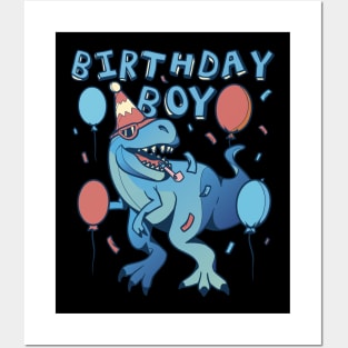 Cool Birthday Boy Dinosaur Partying Balloons Posters and Art